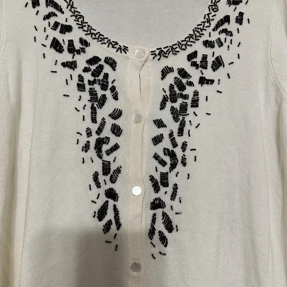Susan Graver Ivory White Black Beaded Cardigan Sweater Button‎ Down 1X